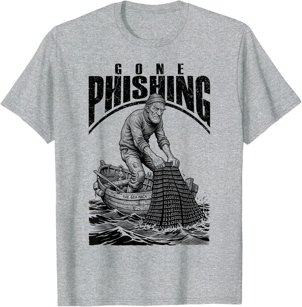 Computer Hacker Gone Phishing Funny Binary Code Net Fishing T-Shirt - Heather Grey