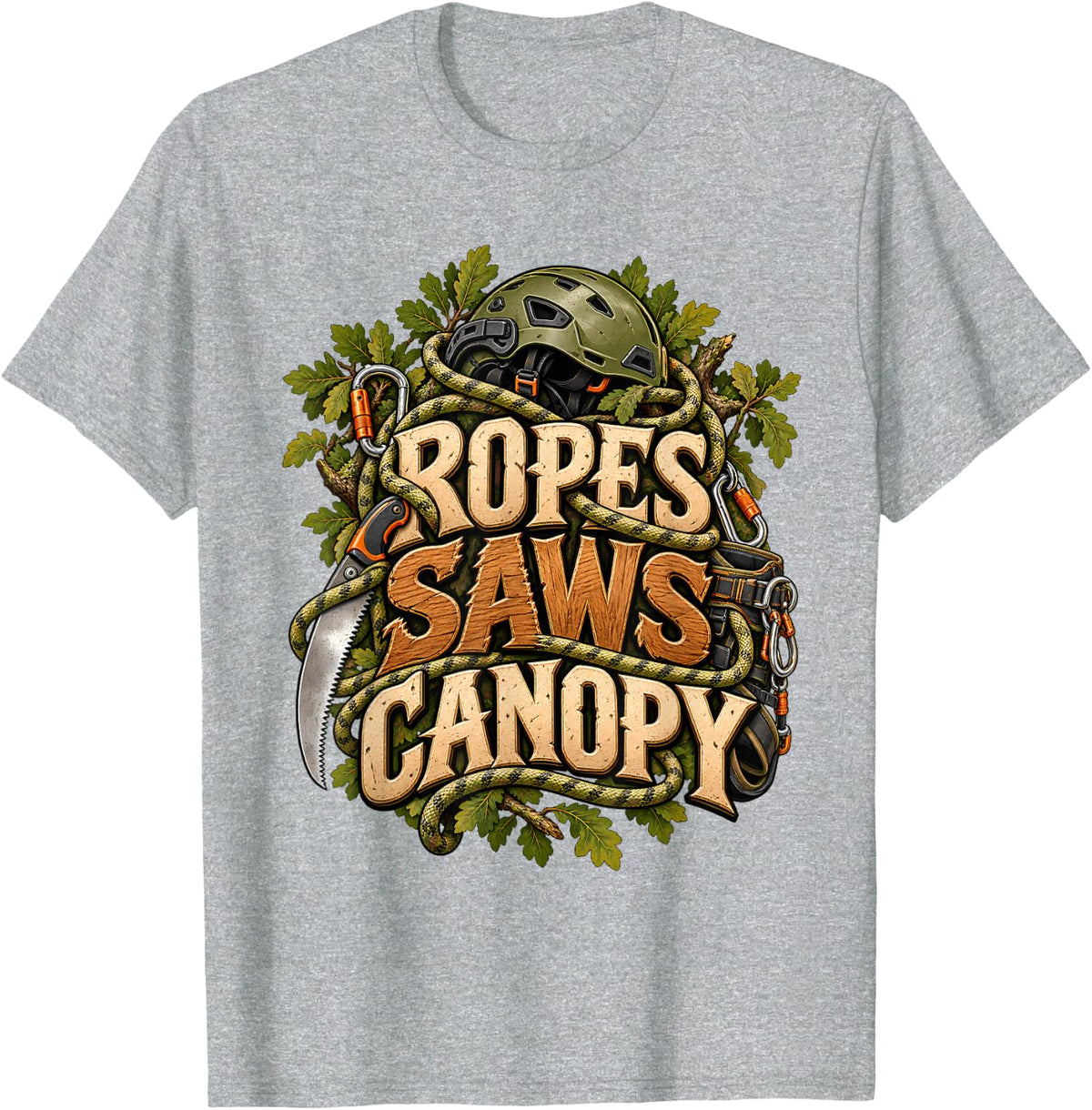Ropes Saws Canopy Arborist Tree Climbing Equipment T-Shirt - Heather Grey