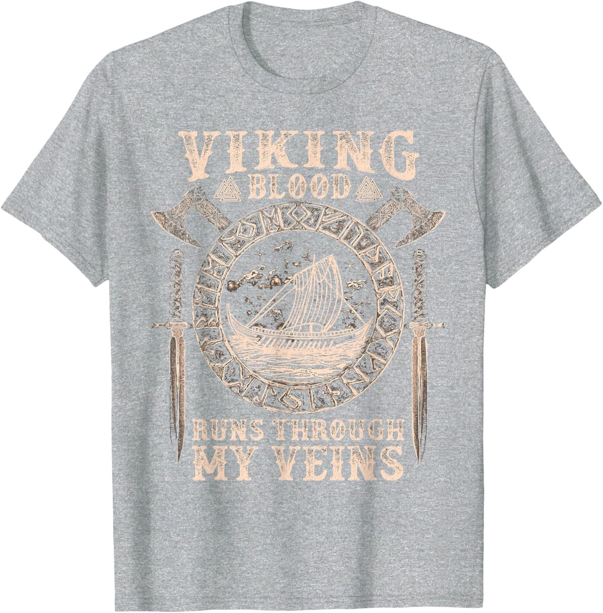 Viking Blood Runs Through My Veins Viking Ship T-Shirt T-Shirt - Heather Grey