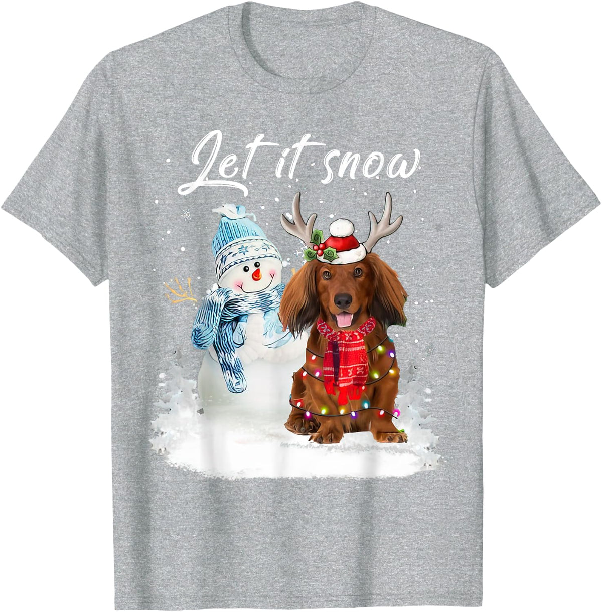 Red Long Haired Dachshund Santa Dog Christmas Snowman Xmas T-Shirt - Heather Grey
